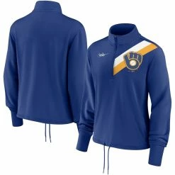 Coupon ✨ Women's Nike Royal Milwaukee Brewers 1982 Cooperstown Collection Rewind Stripe Performance Half-Zip Pullover 🎁