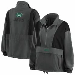 Hot Sale 🌟 Women's WEAR By Erin Andrews Charcoal New York Jets Popover Packable Half-Zip Jacket 😍
