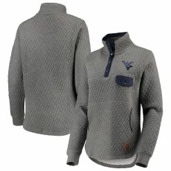 Best deal 🛒 Women's Pressbox Heathered Gray/Navy West Virginia Mountaineers Magnum Quilted Quarter-Snap Pullover Jacket 🧨