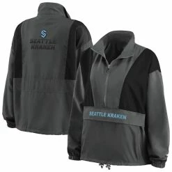 Discount 💯 Women's WEAR By Erin Andrews Charcoal Seattle Kraken Popover Packable Half-Zip Jacket 🥰