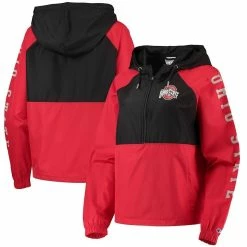 Promo 🧨 Champion 👩 Women's Scarlet/Black Ohio State Buckeyes Colorblocked Packable Raglan Half-Zip Hoodie Jacket ❤️