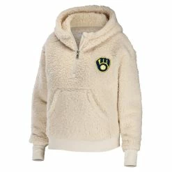Hot Sale 😍 Women's WEAR By Erin Andrews Cream Milwaukee Brewers Sherpa Quarter-Zip Hoodie 🎁 -activewear Sales unnamed file 635