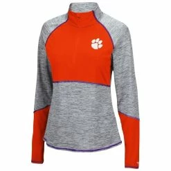 Best Sale 🎉 Women's Colosseum Heathered Gray/Orange Clemson Tigers Color Block Space-Dye Raglan Quarter-Zip Top 🎁 -activewear Sales unnamed file 937