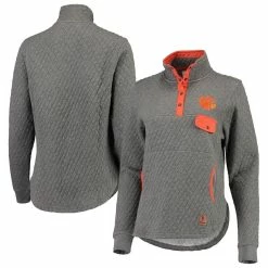 Flash Sale 💯 Women's Pressbox Heathered Gray/Orange Clemson Tigers Magnum Quilted Quarter-Snap Pullover Jacket 🎉
